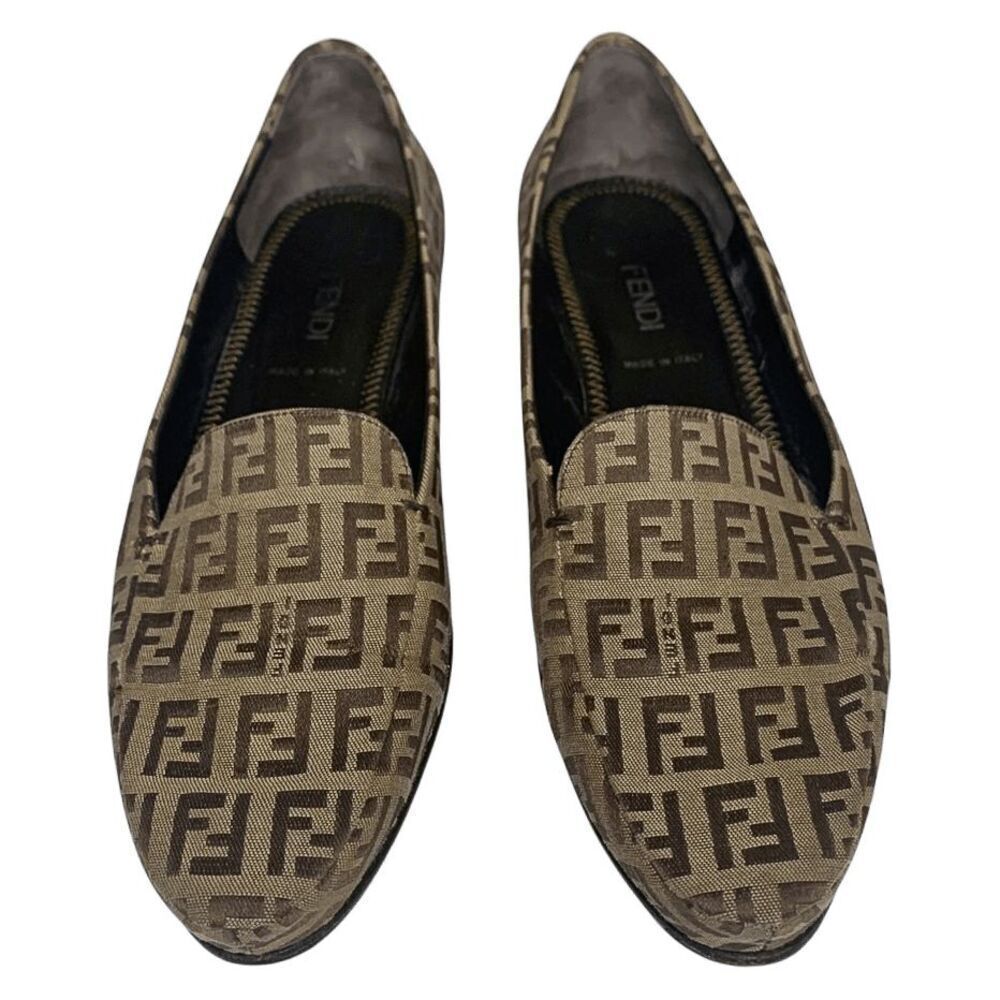 Fendi Zucca Monogram Slip Ons EU 38 Brown FF Logo Loafer Low Block Heel Pumps - Picture 2 of 12